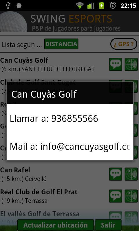 swing golf, campos y asistente